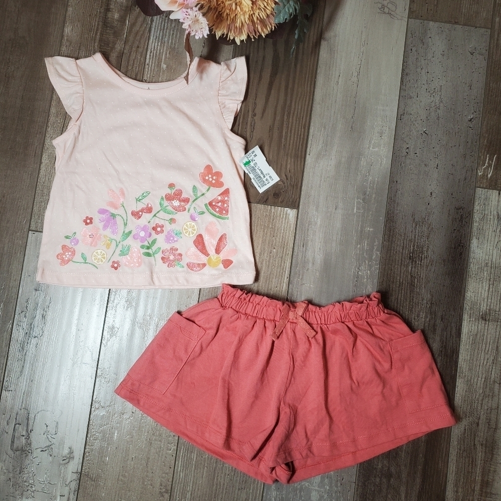 NWT Kids Headquarters 2Pc Pink Toddler Girl Outfit Shimmery Floral Summer